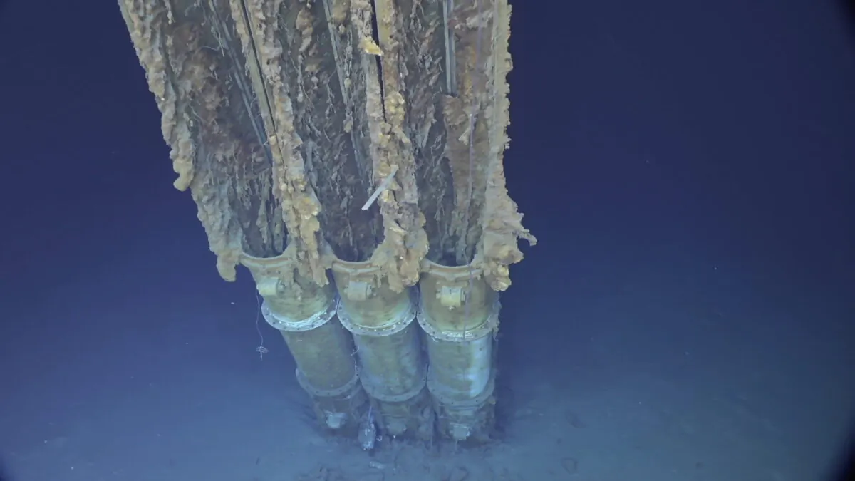 The three-tube torpedo launcher that was part of the USS Samuel B. Roberts underwater off the Philippines in the Western Pacific Ocean, in an image provided by Caladan Oceanic on June 22, 2022. (Caladan Oceanic via AP)