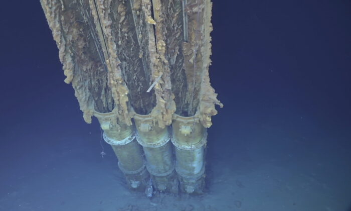 The three-tube torpedo launcher that was part of the USS Samuel B. Roberts underwater off the Philippines in the Western Pacific Ocean, in an image provided by Caladan Oceanic on June 22, 2022. (Caladan Oceanic via AP)