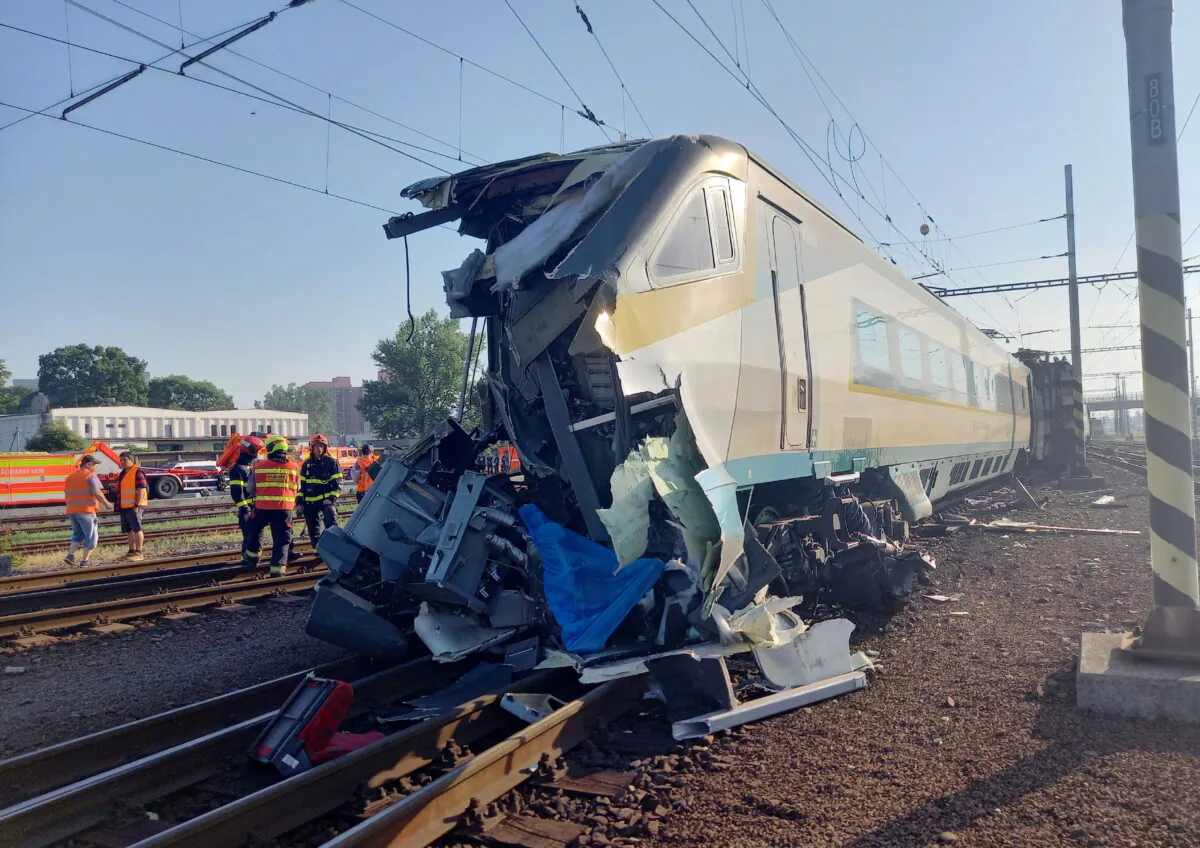 The bullet train after a collision, in Bohumin, Czech Republic, on June 27, 2022. (Czech Rail Safety Inspection Office via AP)