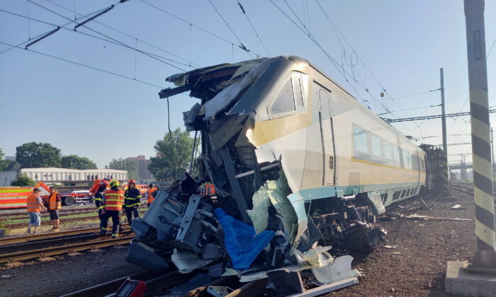 A bullet train after a collision at Novy Bohumin, Czech Republic, June 27, 2022.  (Czech Railway Safety Inspection Bureau via AP)
