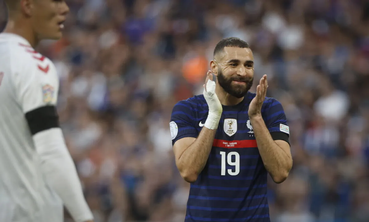 France's Karim Benzema (R) at the Stade de France in Saint Denis near Paris, France, on June 3, 2022. (Jean-Francois Badias/AP Photo)