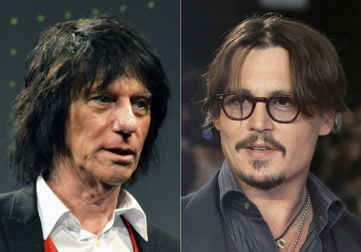 (Left) Jeff Beck appears at the 59th Ivor Novello Awards in London on May 22, 2014. (Right) Johnny Depp appears at the European premiere of their film "The Rum Diary" in London on Nov. 3, 2011. (AP Photo)