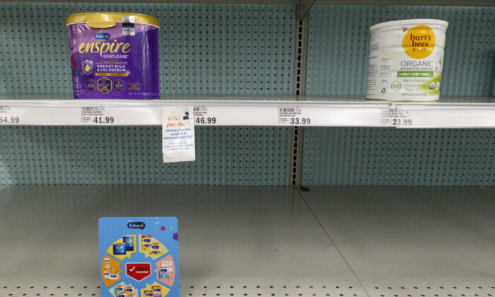 Baby formula on the shelves of a grocery store in Carmel, Ind., on May 10, 2022. (Michael Conroy/AP Photo)