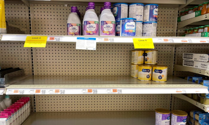 Shelves for baby and toddler formula are partially empty, as the quantity a shopper can buy is limited amid continuing U.S. shortages, at a grocery store in Medford, Mass., on May 17, 2022. (Brian Snyder/Reuters)