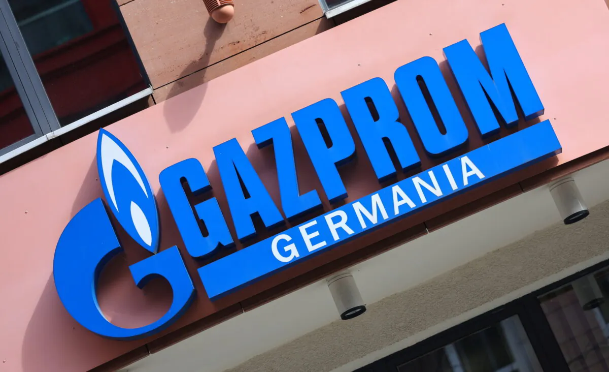 The logo of Gazprom Germania is pictured at its headquarters, in Berlin, Germany, on April 1, 2022. (Fabrizio Bensch/Reuters)