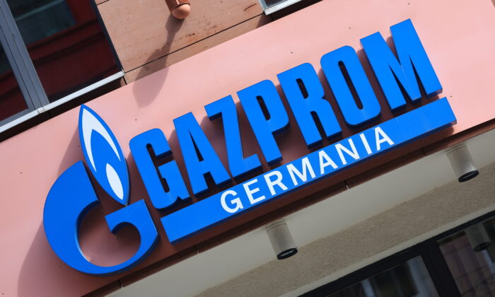 The logo of Gazprom Germania is pictured at its headquarters, in Berlin, Germany, on April 1, 2022. (Fabrizio Bensch/Reuters)
