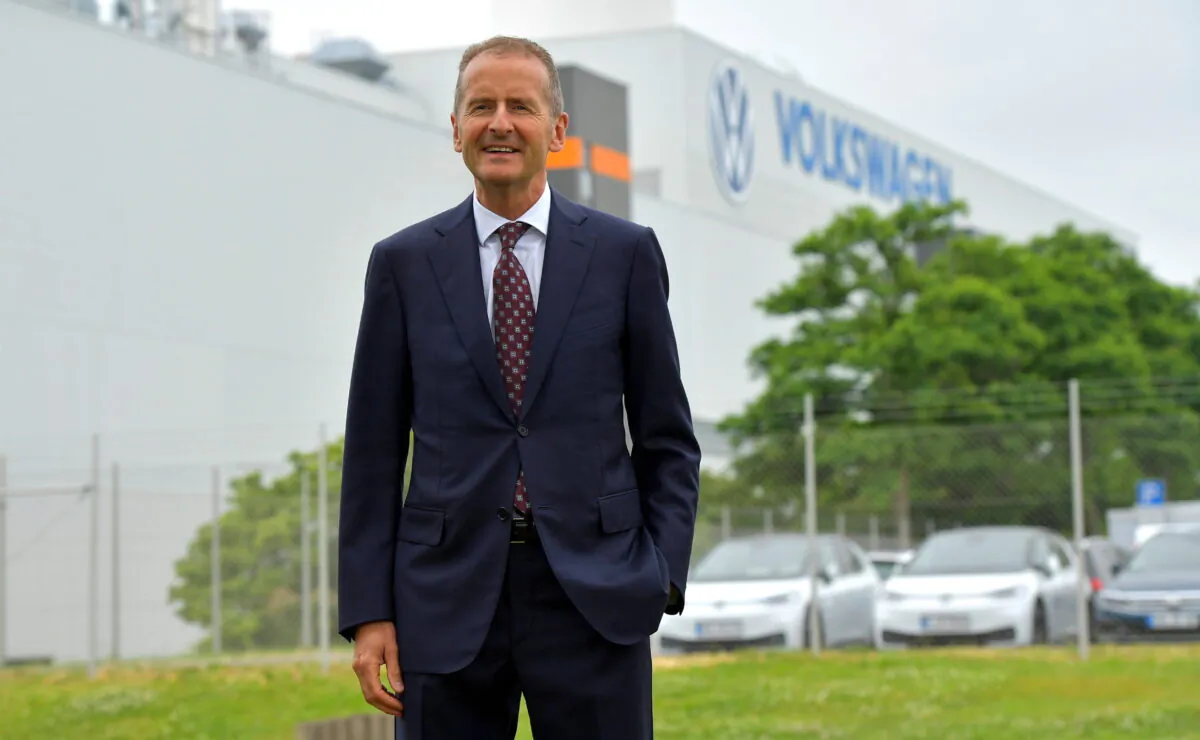 Volkswagen CEO Herbert Diess during his visit to Volkswagen's electric car plant in Zwickau, Germany, on June 23, 2021. (Matthias Rietschel/Reuters)