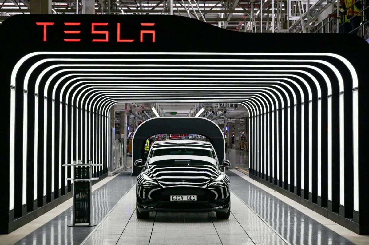 Model Y cars are pictured during the opening ceremony of the new Tesla Gigafactory for electric cars in Gruenheide, Germany, on Mar. 22, 2022. (Patrick Pleul/Pool via Reuters)