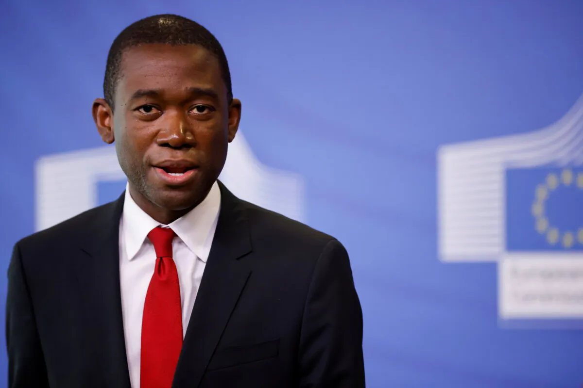 Deputy Treasury Secretary Wally Adeyemo speaks during a joint news conference with EU Commissioner McGuinness (not pictured) in Brussels, Belgium, on March 29, 2022. (Johanna Geron/Pool/Reuters)