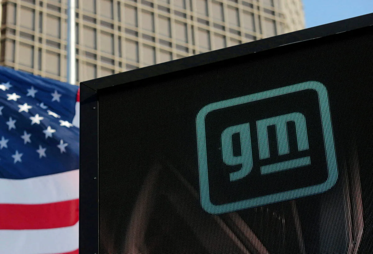 The GM logo on the facade of the General Motors headquarters in Detroit on March 16, 2021. (Rebecca Cook/Reuters)