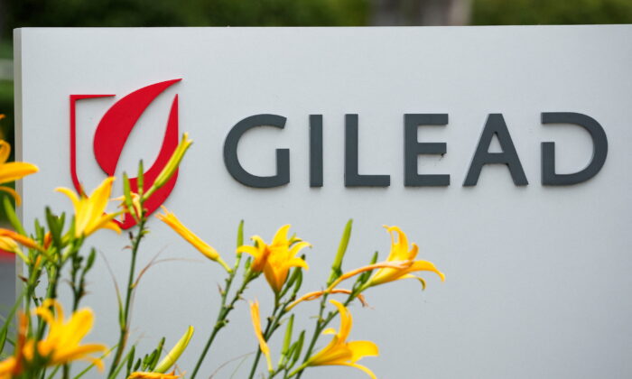 The logo of Gilead Sciences Inc. pharmaceutical company is seen in Oceanside, Calif., on April 29, 2020. (Mike Blake/Reuters)