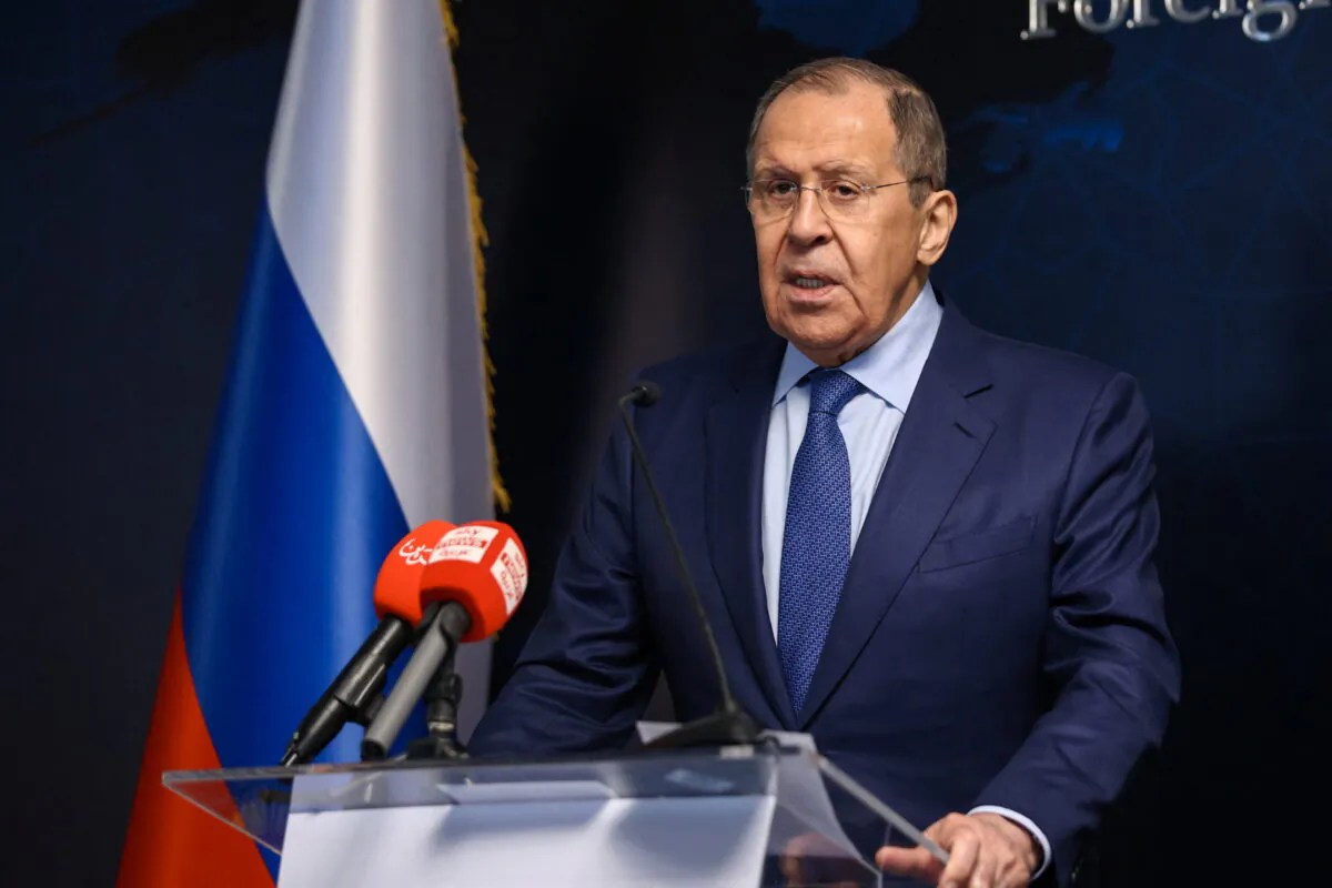 Russia's Foreign Minister Sergei Lavrov attends a news conference following talks with Bahrain's Foreign Minister Abdullatif Al Zayani in Manama, Bahrain, on May 31, 2022. (Russian Foreign Ministry/Handout via Reuters)