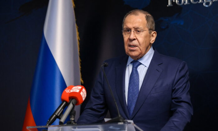 Russia's Foreign Minister Sergei Lavrov attends a news conference following talks with Bahrain's Foreign Minister Abdullatif Al Zayani in Manama, Bahrain, on May 31, 2022. (Russian Foreign Ministry/Handout via Reuters)