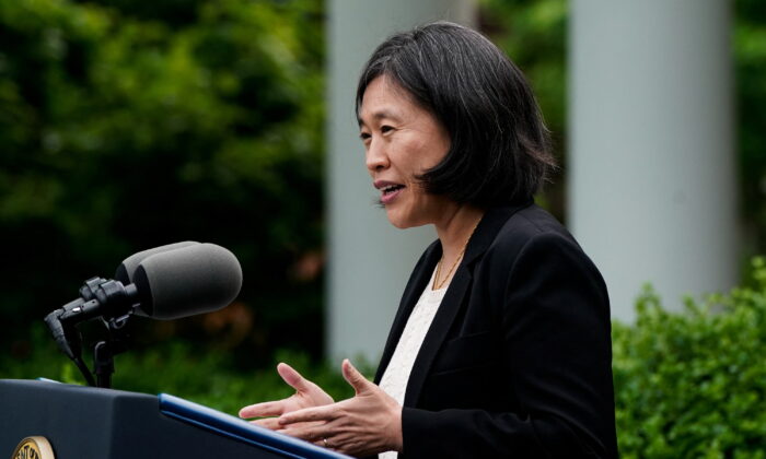 Trade Representative Katherine Tai speaks during a reception to celebrate Asian American, Native Hawaiian, and Pacific Islander Heritage Month, in the Rose Garden of the White House in Washington, on May 17, 2022. (Elizabeth Frantz/Reuters)