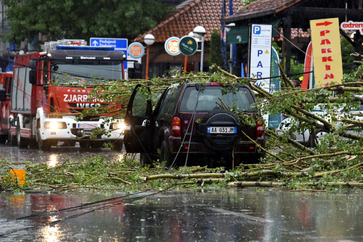 A fallen tree as a result of heavy rain and strong winds is seen downtown Pristina, Kosovo on June 6, 2022. (Laura Hasani /Reuters)