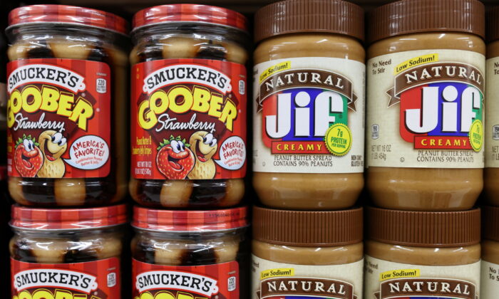 Smucker's Goober Strawberry and Jif peanut butter, brands owned by The J.M. Smucker Company, for sale in a store in Manhattan, New York, on Nov. 22, 2021. (Andrew Kelly/Reuters)