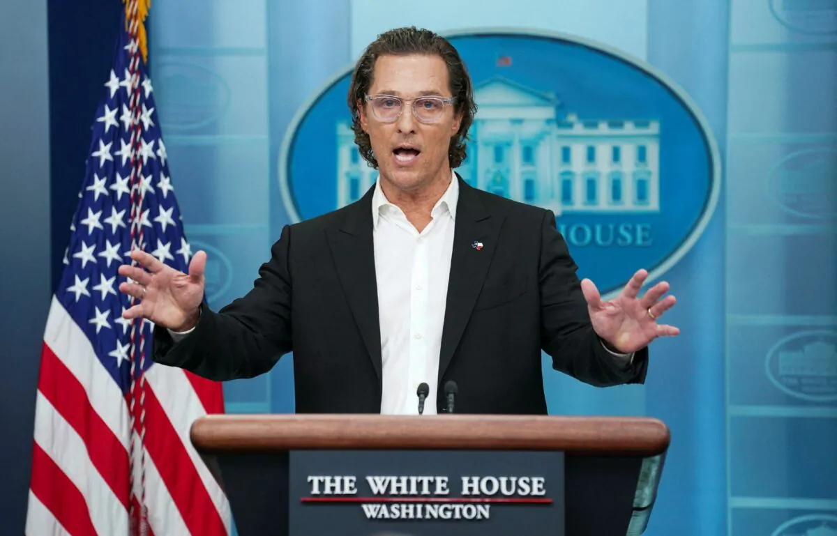Actor Matthew McConaughey speaks to reporters about the recent mass shooting at an elementary school in Uvalde, during a press briefing at the White House on June 7, 2022. (Kevin Lamarque/Reuters)