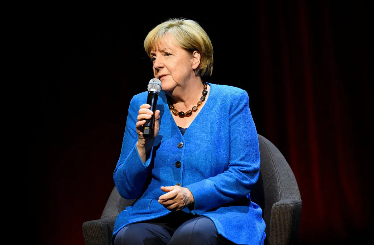 Former German Chancellor Angela Merkel speaks during a talk about "the challenging issues of our time" with author Alexander Osang (not pictured) at the Berliner Ensemble theatre in Berlin, Germany, on June 7, 2022. (Annegret Hilse/Reuters)