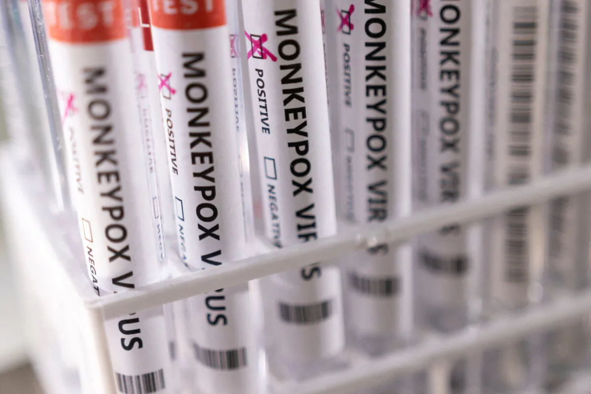 Test tubes labeled "Monkeypox virus positive" are seen in this illustration taken on May 22, 2022. (Dado Ruvic/Illustration/Reuters)