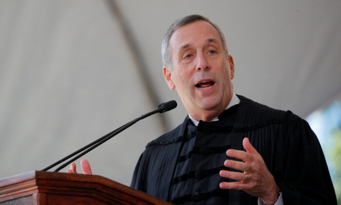 Lawrence Bacow speaks during his inauguration as the 29th President of Harvard University in Cambridge, Mass., on, Oct. 5, 2018. (Brian Snyder/Reuters)