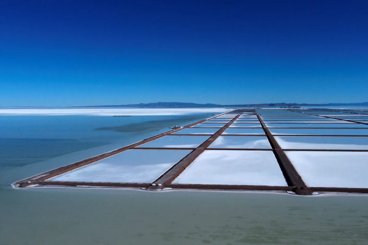Evaporation pools for the extraction of lithium are seen at the Salar de Uyuni, a vast white salt flat at the center of a global resource race for the battery metal lithium, outside of Uyuni, Bolivia, on March 26, 2022. (Claudia Morales/Reuters)