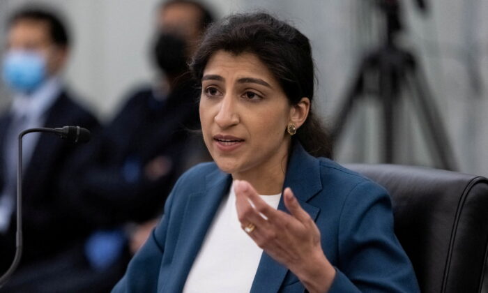 FTC Commissioner nominee Lina M. Khan testifies during a Senate Commerce, Science, and Transportation Committee hearing on the nomination of Former Senator Bill Nelson to be NASA administrator, on Capitol Hill in Washington on April 21, 2021. (Graeme Jennings/Pool via Reuters)