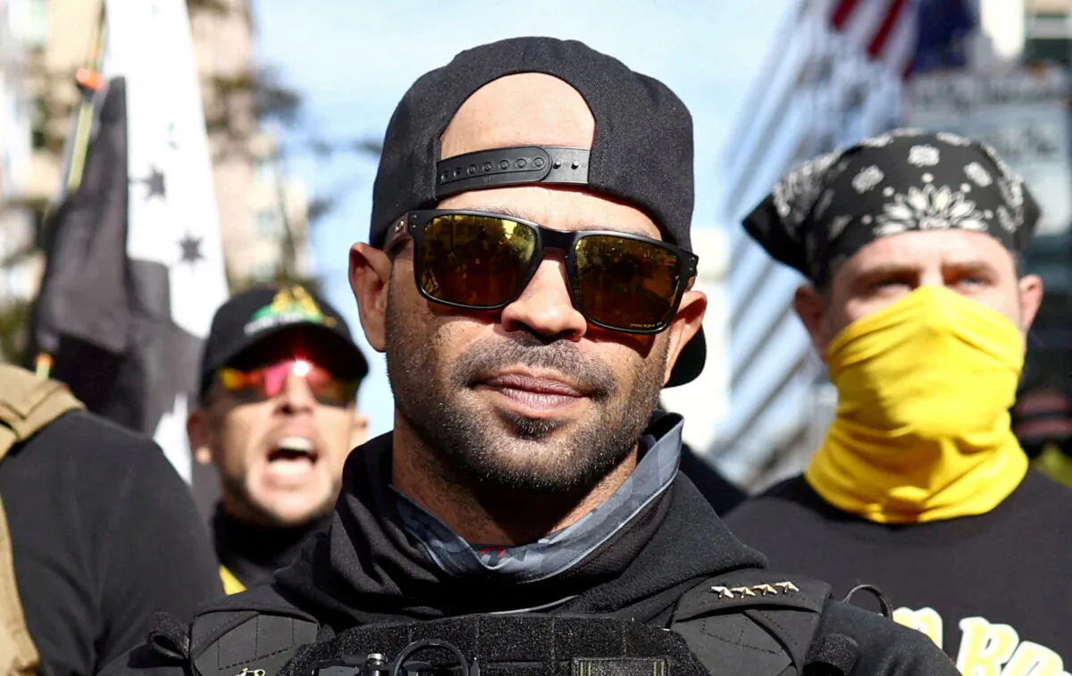 Members of the Proud Boys, including leader Enrique Tarrio (C), at a rally in Washington, on Nov. 14, 2020. (Hannah McKay/Reuters)