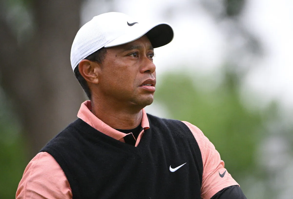 Tiger Woods looks on from the second tee during the third round of the PGA Championship golf tournament at Southern Hills Country Club, Tulsa, Okla., on May 21, 2022. (Orlando Ramirez/USA TODAY Sports via Reuters)
