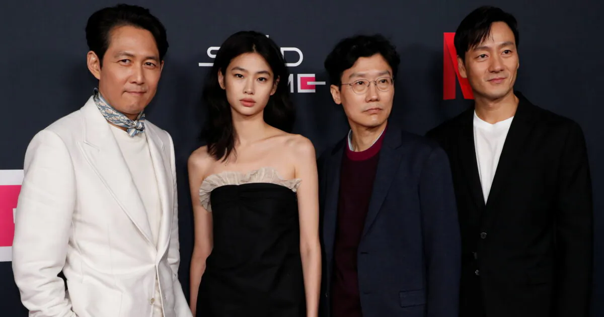 (L–R) Lee Jung-jae, Jung Hoyeon, Hwang Dong-hyuk, and Park Hae Soo attend a special event for the television series Squid Game in Los Angeles on Nov. 8, 2021. (Mario Anzuoni/Reuters)