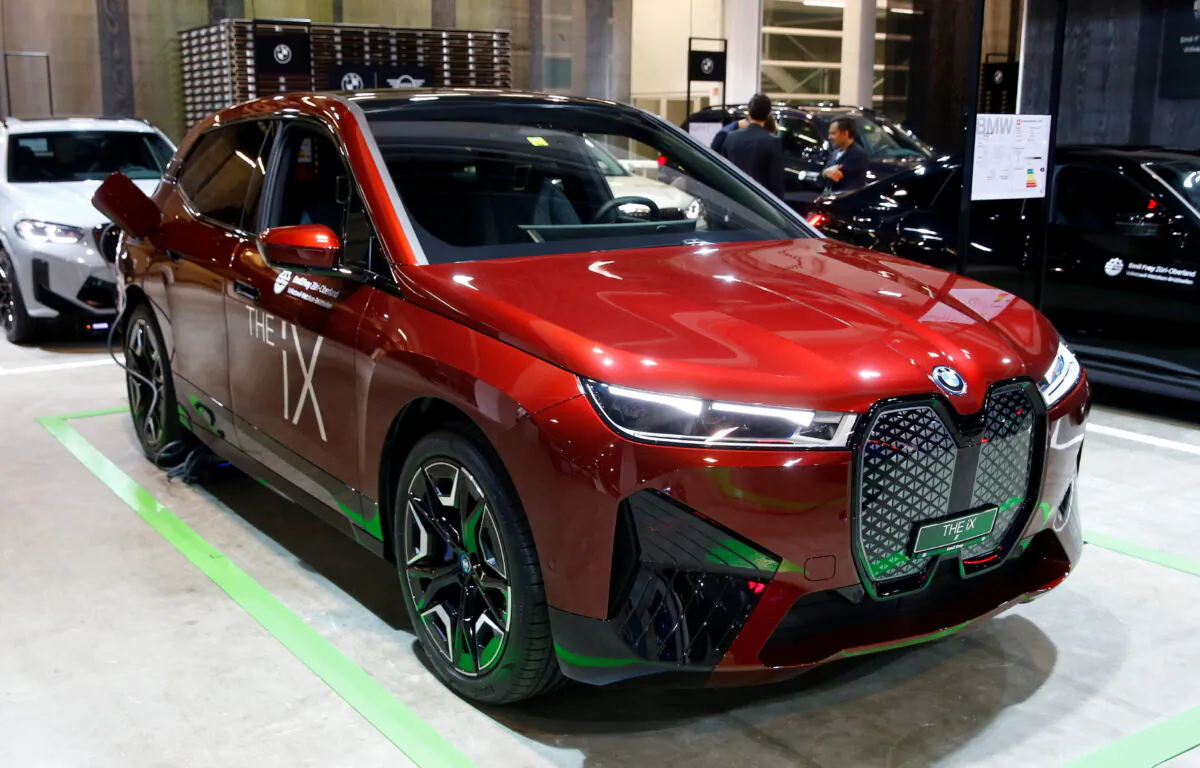 An electric-powered BMW iX xDrive 50 car during a media preview at the Auto Zurich Car Show in Zurich on Nov. 3, 2021. (Arnd Wiegmann/Reuters)