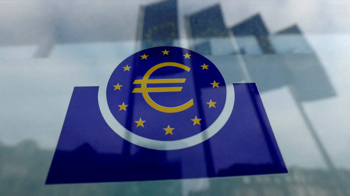 The European Central Bank logo is seen in Frankfurt, Germany, on Jan. 23, 2020. (Ralph Orlowski/Reuters)