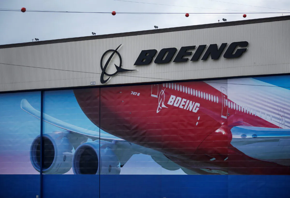 A Boeing logo at the company's facility in Everett after it was announced that their 777X model will make its first test flight later in the week in Everett, Washington on Jan. 21, 2020. (Lindsey Wasson/Reuters)
