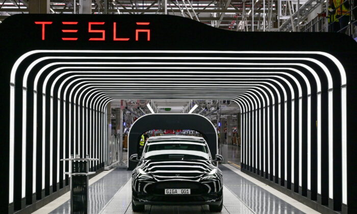 Model Y cars during the opening ceremony of the new Tesla Gigafactory for electric cars in Gruenheide, Germany, on March 22, 2022. (Patrick Pleul/Pool via Reuters)