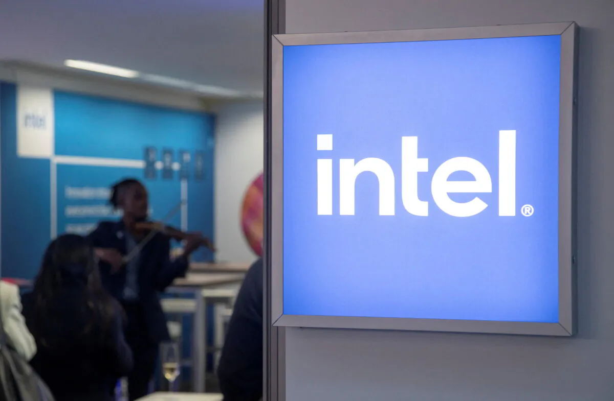 The Intel Corporation logo is seen at a temporary office during the World Economic Forum 2022 (WEF) in the Alpine resort of Davos, Switzerland, on May 25, 2022. (Arnd Wiegmann/Reuters)