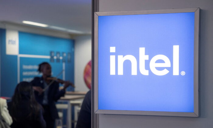 The Intel Corporation logo is seen at a temporary office during the World Economic Forum 2022 (WEF) in the Alpine resort of Davos, Switzerland, on May 25, 2022. (Arnd Wiegmann/Reuters)