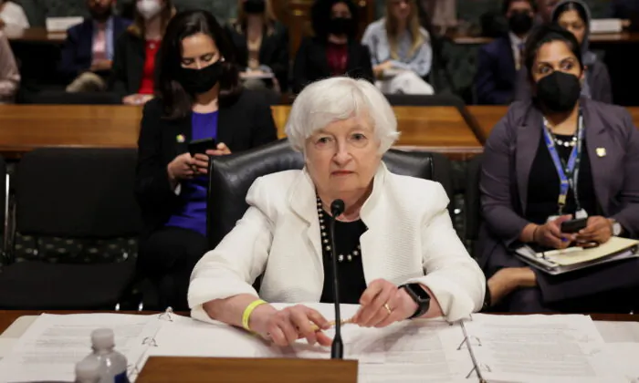 U.S. Treasury Secretary Janet Yellen is seated to testify before a Senate Finance Committee hearing on President Biden's 2023 budget, on Capitol Hill in Washington, on June 7, 2022. (Evelyn Hockstein/Reuters)
