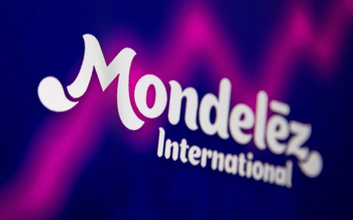 Mondelez International logo and stock graph, on July 26, 2021. (Dado Ruvic/Illustration/Reuters)