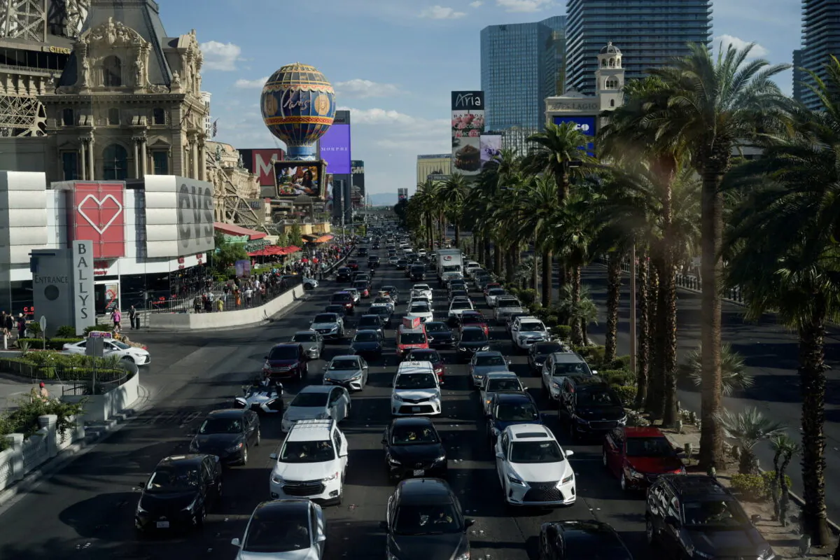 Traffic is seen along the Strip on Memorial Day in Las Vegas, Nev., on May 31, 2021. (Bridget Bennett/Reuters)