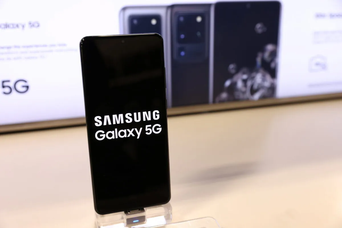 A Samsung Galaxy 5G cell phone is seen displayed in a store in New York City, on Nov. 23, 2021. (Reuters/Andrew Kelly)