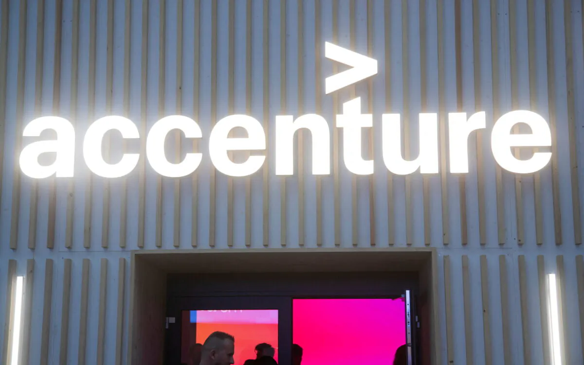 The logo of Irish services and consulting company Accenture is seen at a temporary office during the World Economic Forum summit in the Alpine resort of Davos, Switzerland, on May 25, 2022. (Arnd Wiegmann/Reuters)