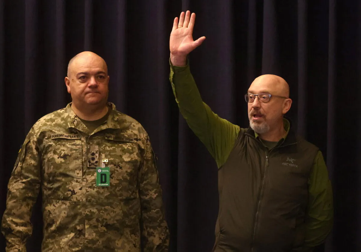 Ukrainian Defence Minister Oleksii Reznikov greets fellow ministers and senior military personnel prior to the start of their Ukraine Defense Consultative Group meeting at U.S. Airbase in Ramstein, Germany, on April 26, 2022. (Kai Pfaffenbach/Reuters)