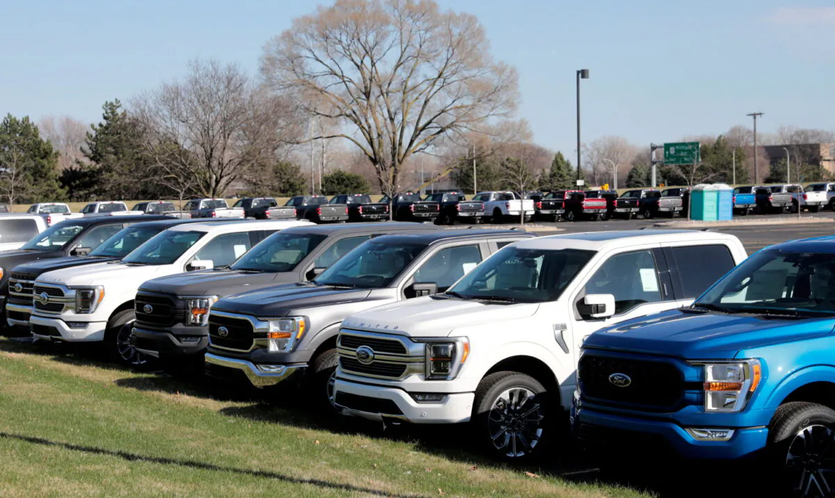Newly manufactured Ford Motor Co. 2021 F-150 pick-up trucks waiting for missing parts in Dearborn, Mich. on March 29, 2021. (Rebecca Cook/Reuters)