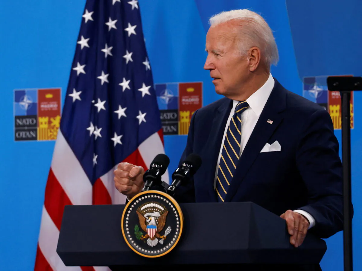 President Joe Biden speaks at a news conference during a NATO summit in Madrid, Spain, on June 30, 2022. (Yves Herman/Reuters)
