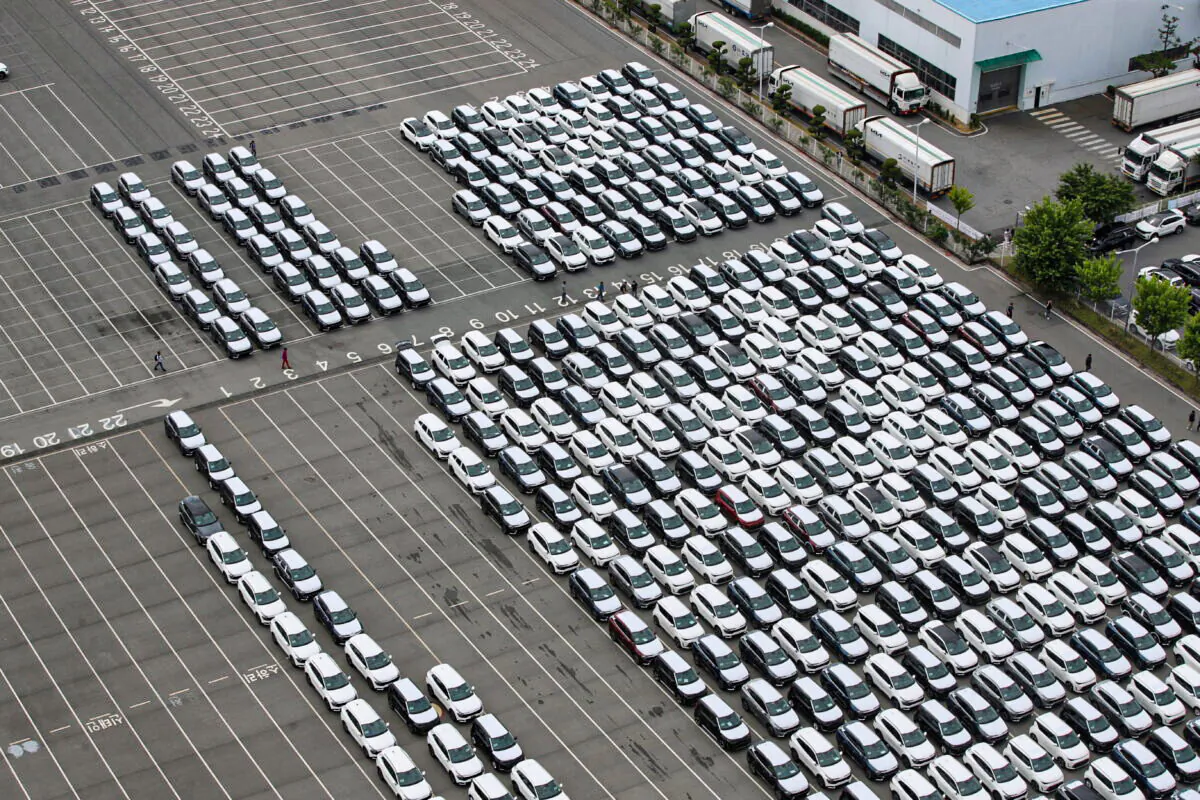 Kia Motor's finished cars parked and waiting to be transported by car carriers which are now on strike at their factory, in Gwangju, South Korea on June 8, 2022. (Yonhap/via Reuters)