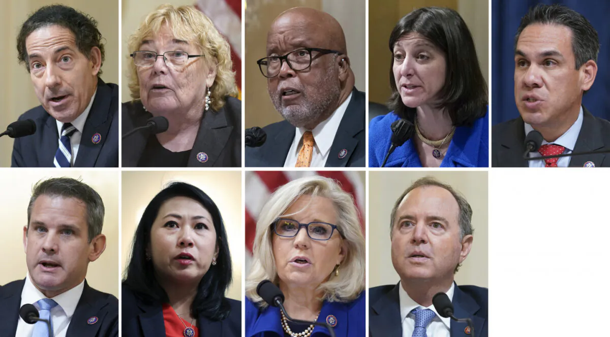 This combination of photos shows the members of the House Select Committee tasked with investigating the Jan. 6 incident. Top row from left, Rep. Jamie Raskin (D-Md.), Rep. Zoe Lofgren (D-Calif.), Chairman Rep. Bennie Thompson (D-Miss.), Rep. Elaine Luria (D-Va.), and Rep. Pete Aguilar (D-Calif.). Bottom row from left, Rep. Adam Kinzinger (R-Ill.), Rep. Stephanie Murphy (D-Fla.), Rep. Liz Cheney (R-Wyo.), and Rep. Adam Schiff (D-Calif.). (AP Photo)