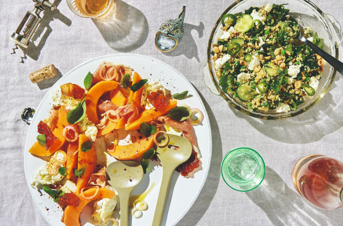 The Ham ’n’ Melon Salad (L) and the Frozen Pea, Mint, and Cucumber Salad (R) make colorful additions to a summer table. (Chloe Hardwick)