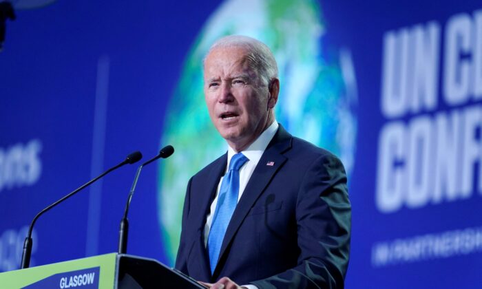 President Joe Biden delivers a speech on stage, as part of the World Leaders' Summit of the COP26 UN Climate Change Conference in Glasgow, Scotland, on Nov. 2, 2021. (Evan Vucci/POOL/AFP via Getty Images)