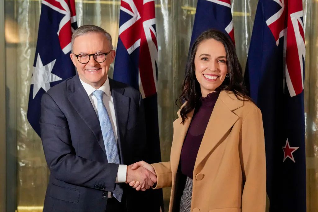 Australian Prime Minister Anthony Albanese (L) greets his New Zealand counterpart Jacinda Ardern ahead of a bilateral meeting in Sydney, Australia, on June 10, 2022. (Mark Baker - Pool/Getty Images)