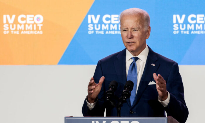 President Joe Biden gestures as he speaks at a session of the CEO Summit of the Americas hosted by the U.S. Chamber of Commerce in Los Angeles on June 09, 2022. (Anna Moneymaker/Getty Images)