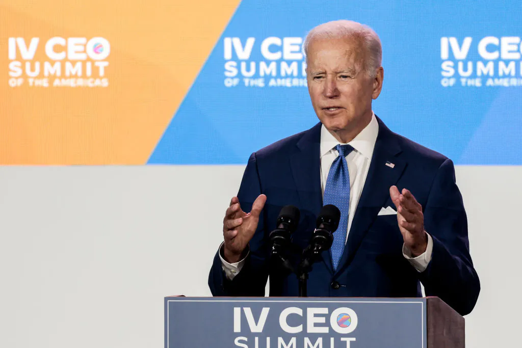 President Joe Biden gestures as he speaks at a session of the CEO Summit of the Americas hosted by the U.S. Chamber of Commerce in Los Angeles on June 09, 2022. (Anna Moneymaker/Getty Images)